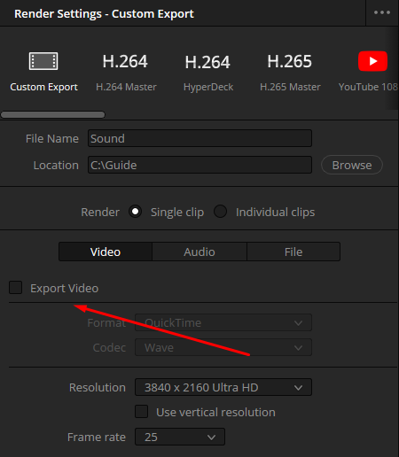 На вкладке Video уберите галочку Export Video, чтобы экспортировать только звук.